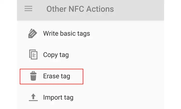 Выберите «Стереть метку», чтобы стереть данные из метки NFC.