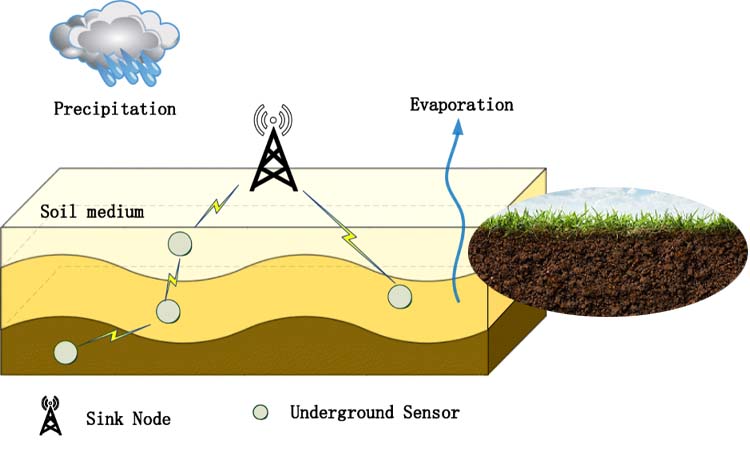 Underground wireless sensor networks monitor the soil medium and its condition