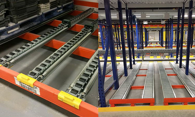 People can place pallets on horizontal load beams with mounting clips for quick movement