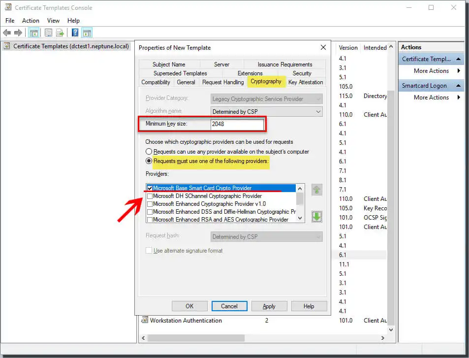 Encryption settings for virtual smart cards