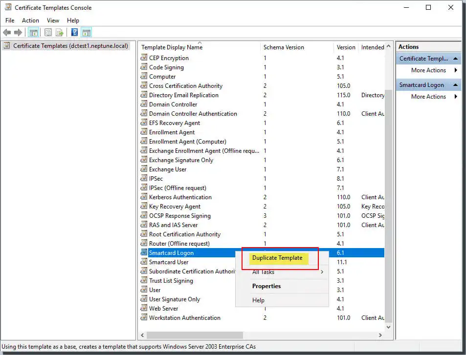 Click to duplicate the virtual smart card login template