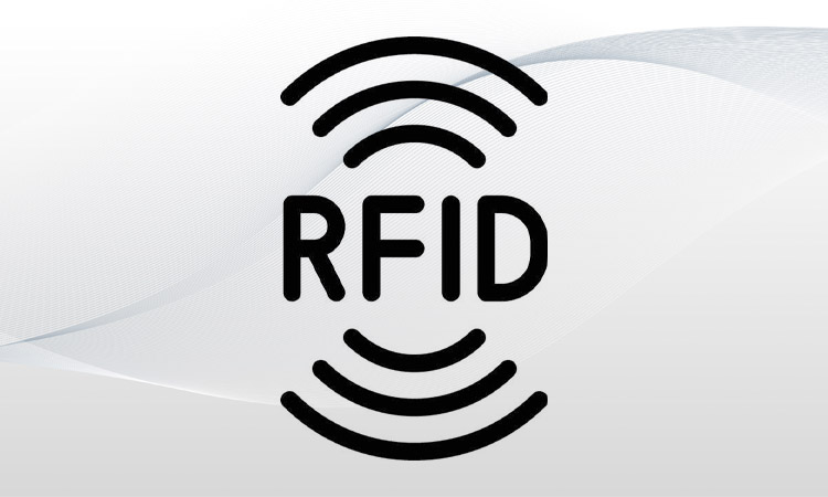 The RFID symbol consists of two signal-like symbols at the top and bottom and the RFID letters in the middle