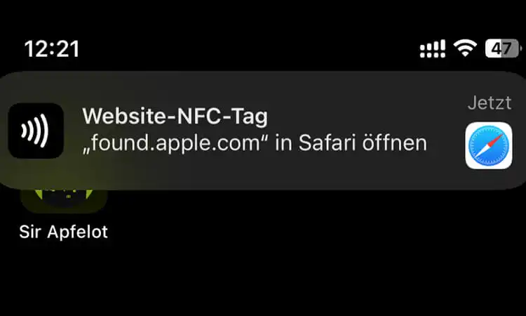 website nfc tag found apple.com notification