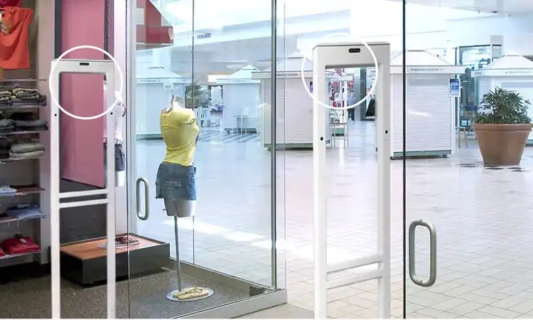 This clothing store uses an acoustic magnetic (AM) EAS system, which uses ultrasound to detect marked items